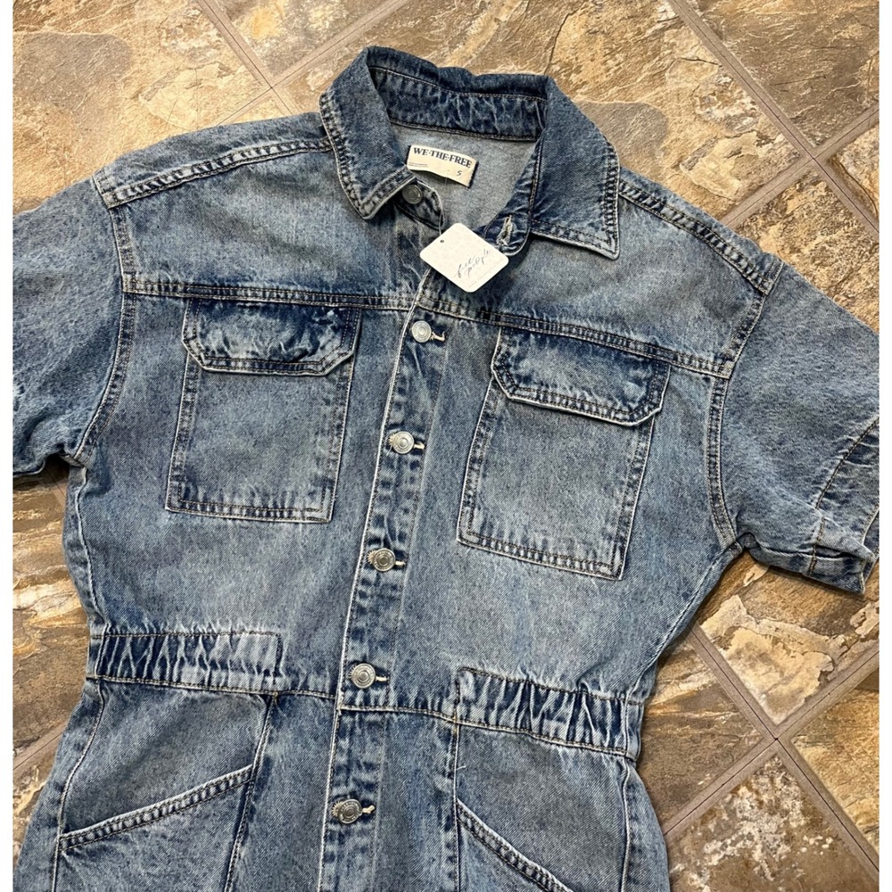 We The Free Marci Cuffed Shortalls Women S Blue New Denim Romper - Picture 3 of 9